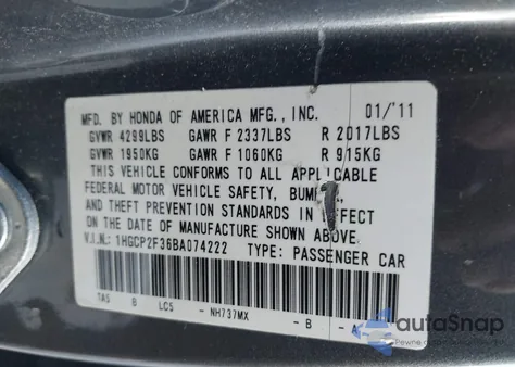 2011 Honda Accord 2.4 Lx from USA, damaged, VIN 1HGCP2F36BA074222